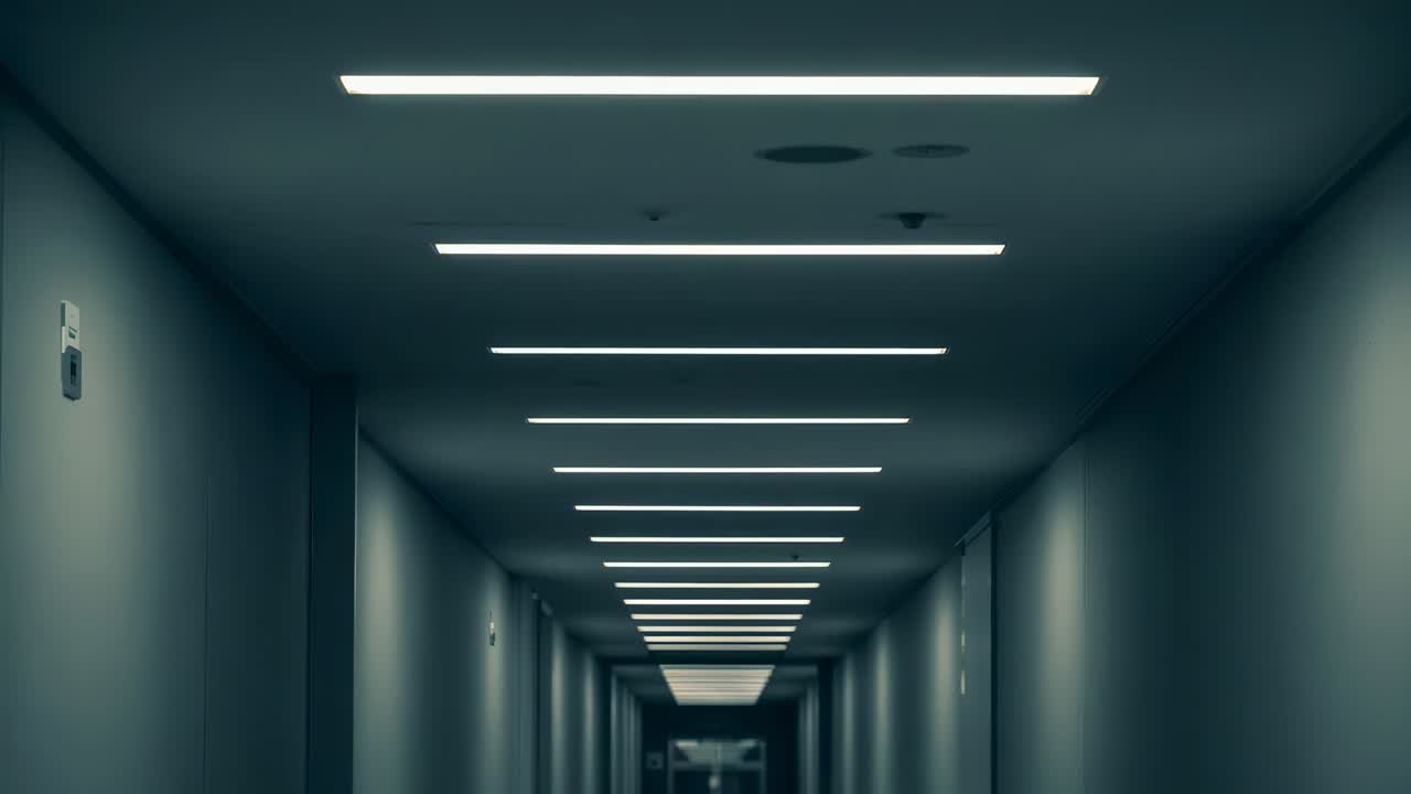 Telecamera che si muove in avanti lungo un corridoio moderno, mostrando luci ripetute, porte e un sensore.