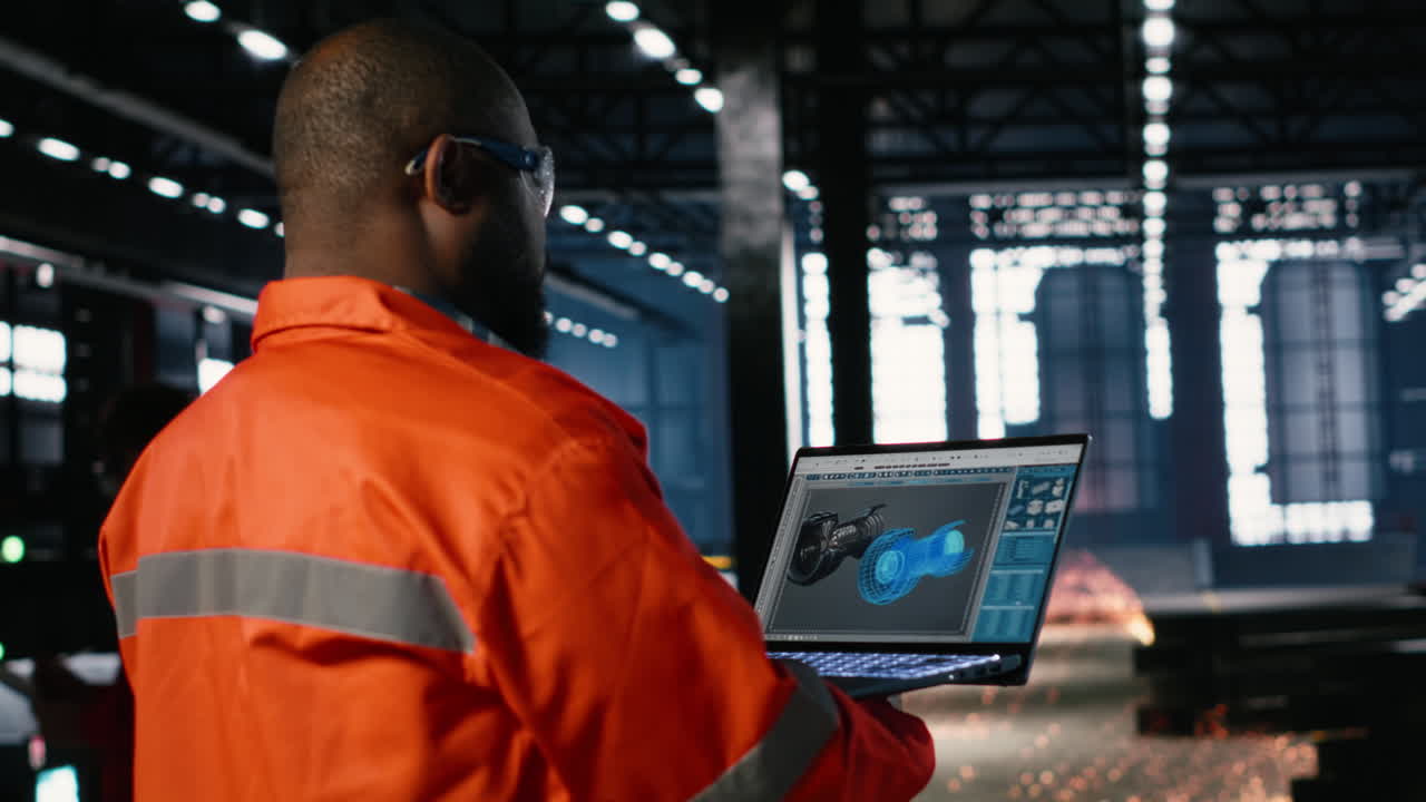 Technician in a manufacturing facility uses automation software on laptop