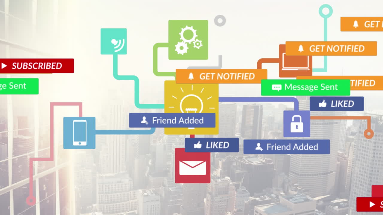 도시 풍경 위에 디지털 아이콘이 있는 배너에 있는 소셜 미디어 텍스트의 애니메이션