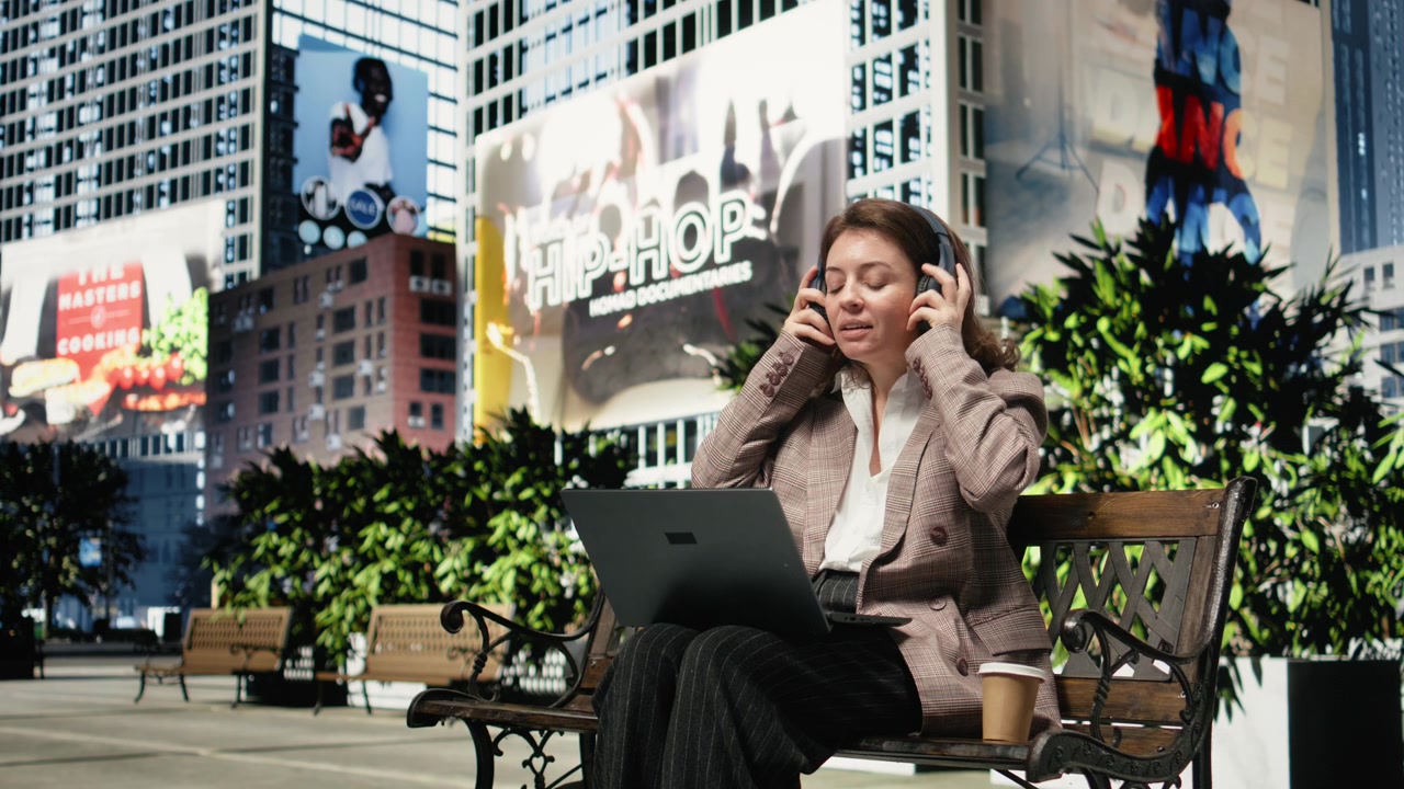 Businesswoman on park bench attending video call on laptop