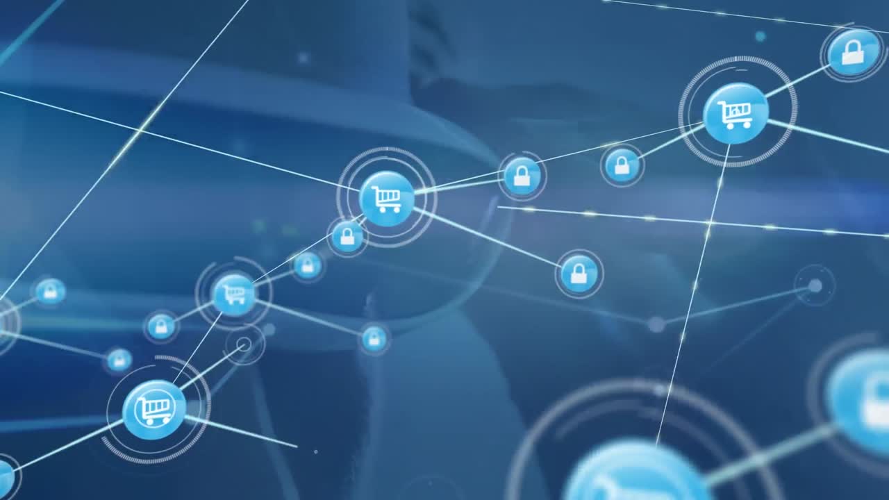 animación de carrito conectado, bloqueo y puntos sobre mujer caucásica que usa simulador de realidad virtual