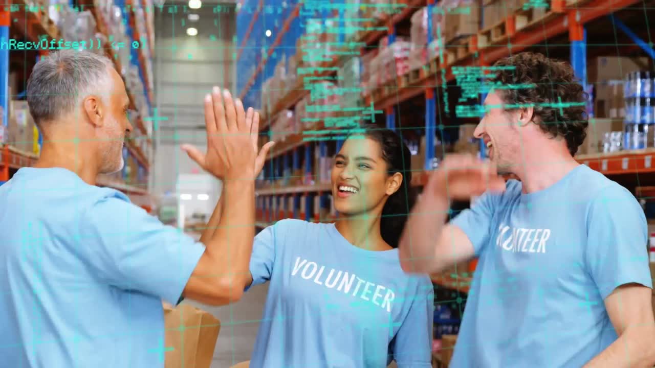 Animazione di elaborazione dati su persone diverse che lavorano in magazzino