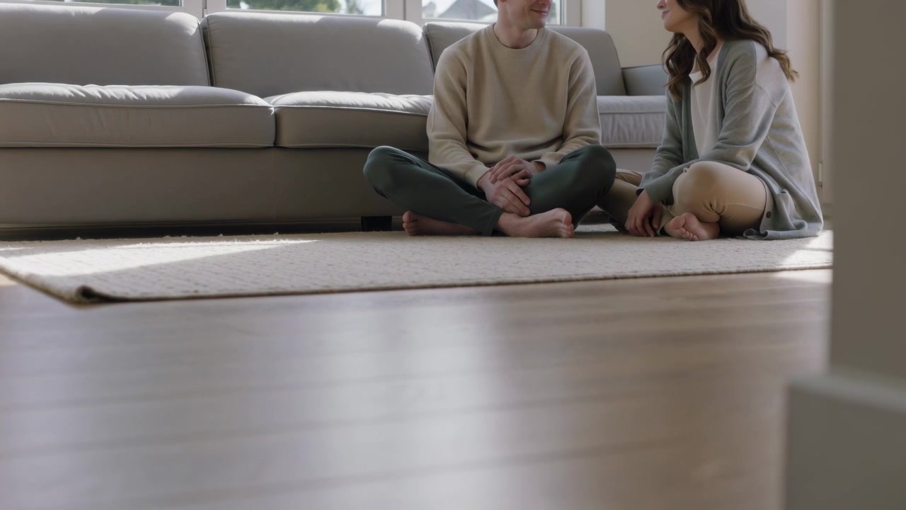Moving woman wearing cardigan entering from right, joining man in pullover on rug at home, talking