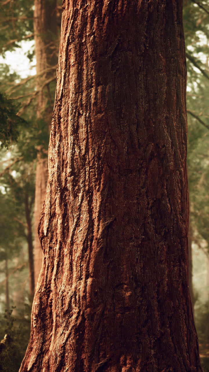 primer plano de un tronco de árbol de sequoias gigante en un bosque de niebla