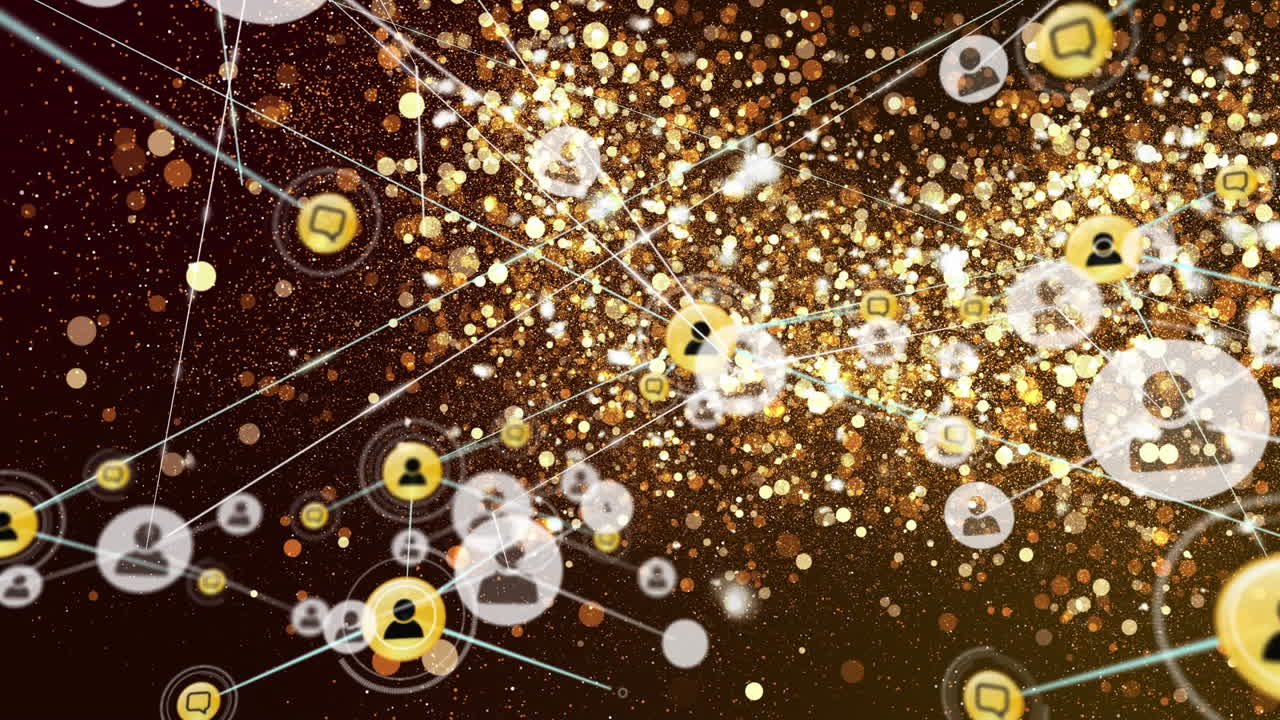 금색 배경에 있는 이메일 아이콘의 연결 네트워크의 애니메이션