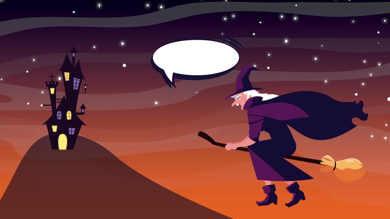 Heks flyver over et slot på Halloween-natten