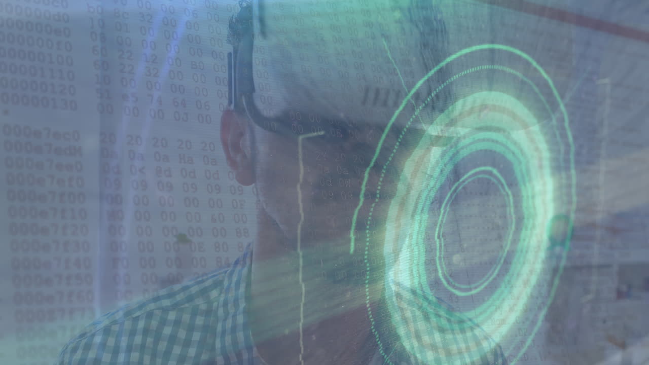 animazione della scansione dello scopo con glitch e uomo usando auricolare vr