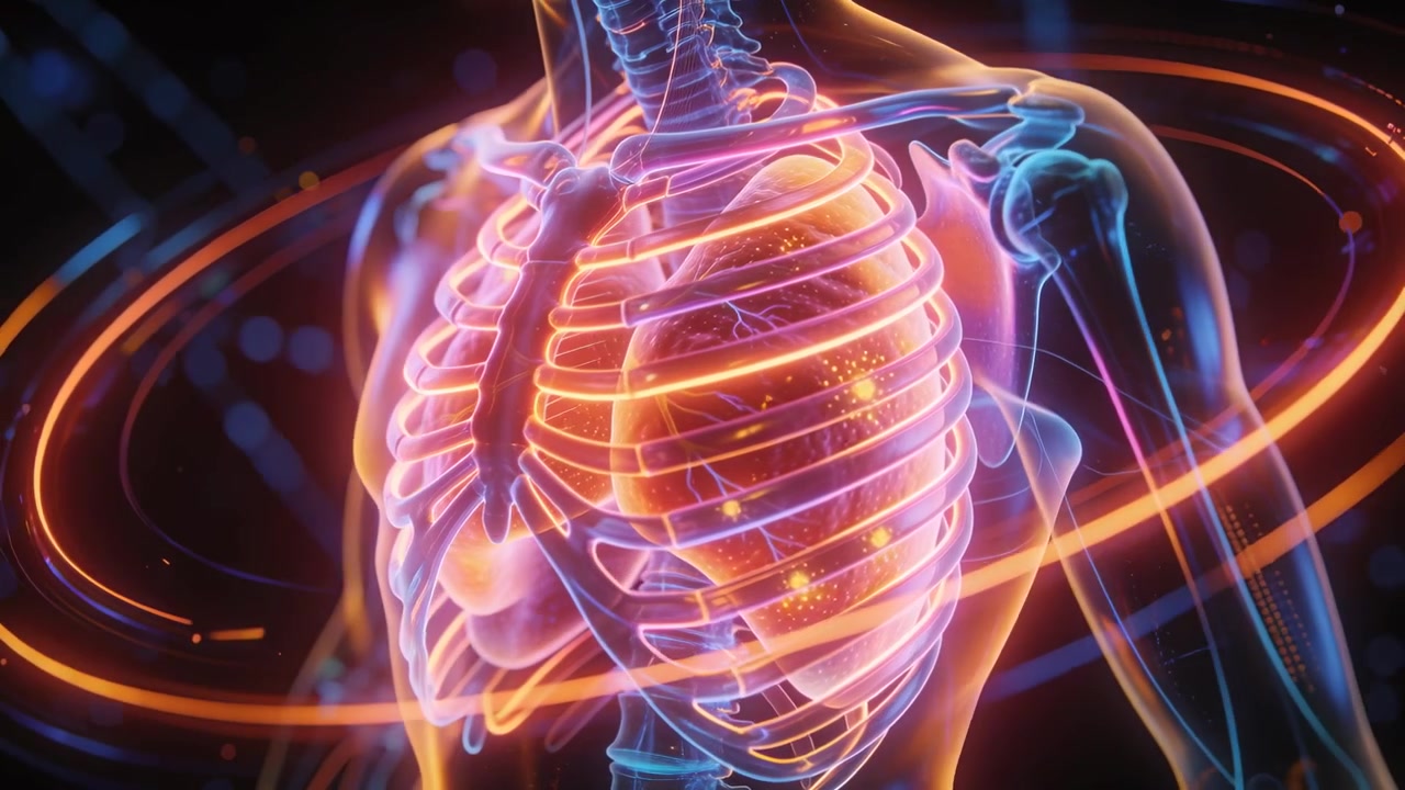 La telecamera si sposta mostrando un torso al neon che ruota in uno studio buio con costole e polmoni che pulsano per studio