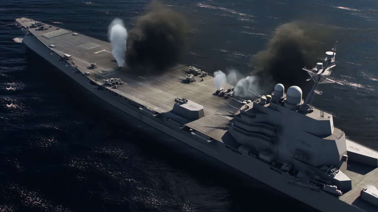 Military Warship Engulfed in Smoke on the Open Sea