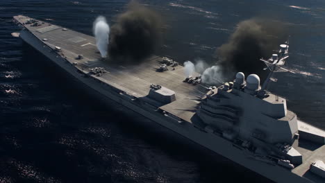military warship engulfed in smoke on the open sea
