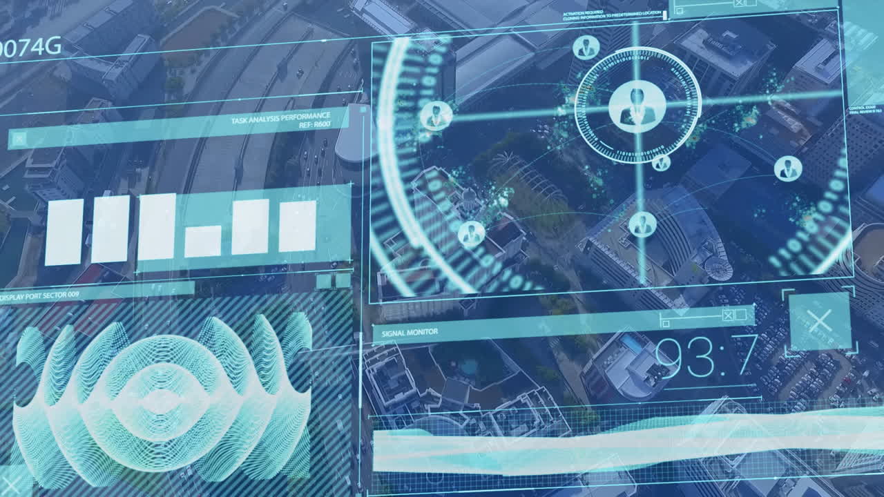 도시 풍경 위의 디지털 스크린에서 다양한 데이터의 애니메이션