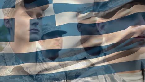 animation of flag of greece over diverse male soldiers