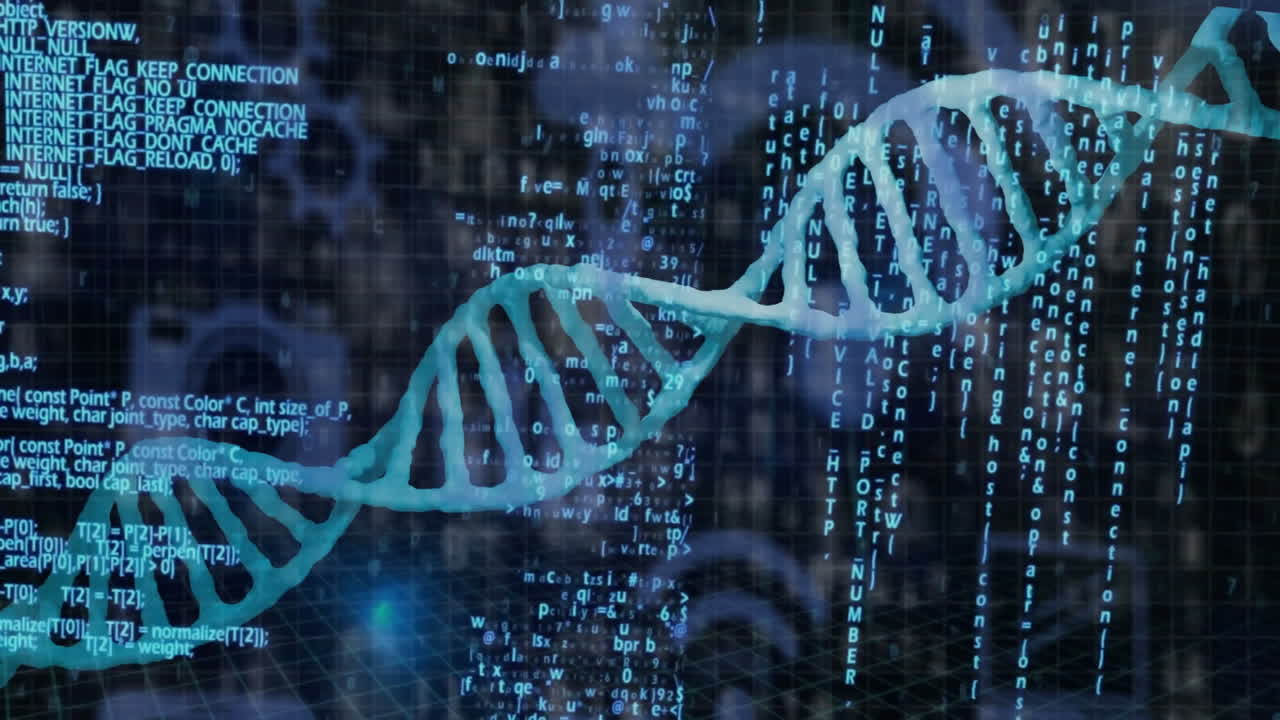 Scientific data processing, DNA strand with binary coding in animation