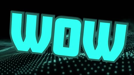 animation of blue wow text over abstract waving mesh with blue spots