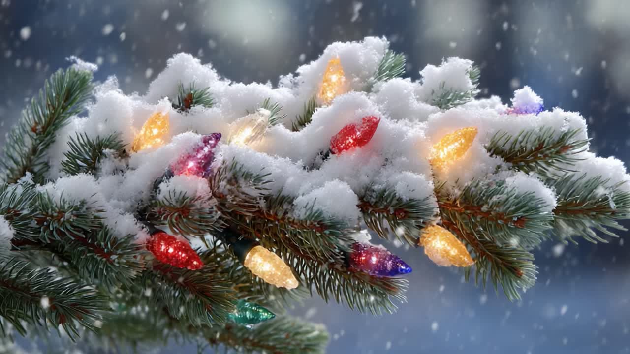 A beautifully adorned pine branch draped in fresh snow, illuminated with colorful holiday lights, capturing the essence of winter festivities and seasonal cheer