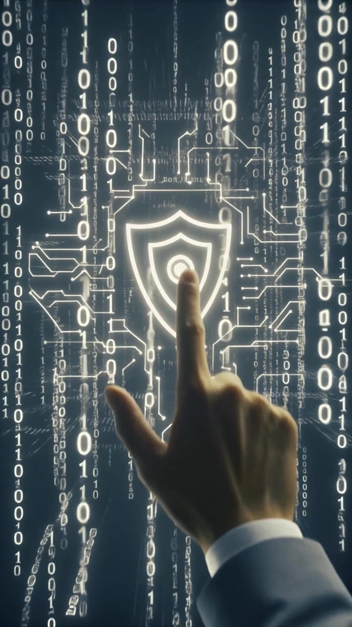 Businessman Touching Digital Security Shield Icon on Virtual Interface