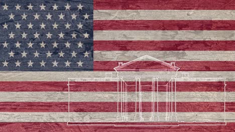 hand drawing of the white house on a wooden table painted with the american flag. usa flag,
line art.