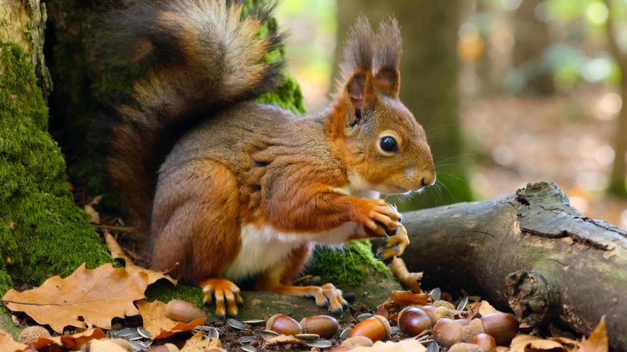 Finding acorns, red squirrel picking and nibbling acorn, eating kernel on oak woodland floor