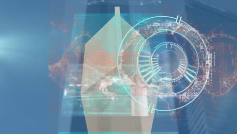 animación del cerebro humano y pantallas con procesamiento de datos y escaneo de alcance en fondo azul