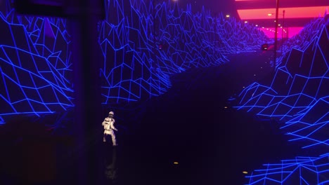 astronaut running towards setting sun. 80s fluorescent visual background. night road. space portal tunnel with cosmonaut. astronaut running in futuristic digital landscape distant galaxy. digital mountains and sky. stock video