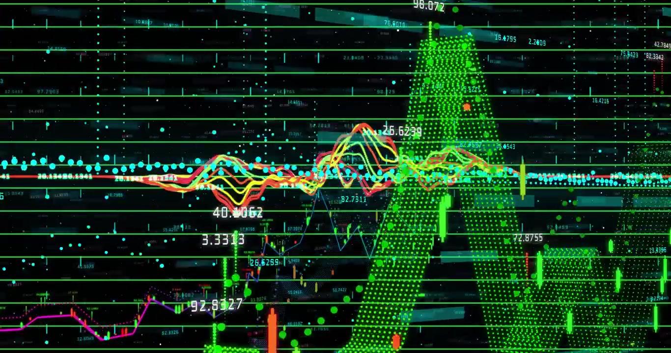 On grid load, waveforms oscillating, labels flickering, bars and mesh arrow rising showing trends
