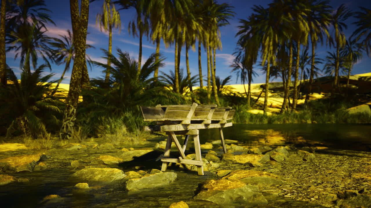 Unique wooden structure beside a tranquil oasis surrounded by palm trees