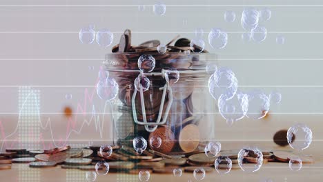 Multiple-bubbles-floating-over-financial-data-processing-against-multiple-coins-falling-in-glass-jar