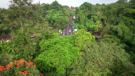 Aerial-shot-of-busy-intersection-road-with-motorcyclists-and-cars-passing-at-high-speed-in-traditional-Balinese-district