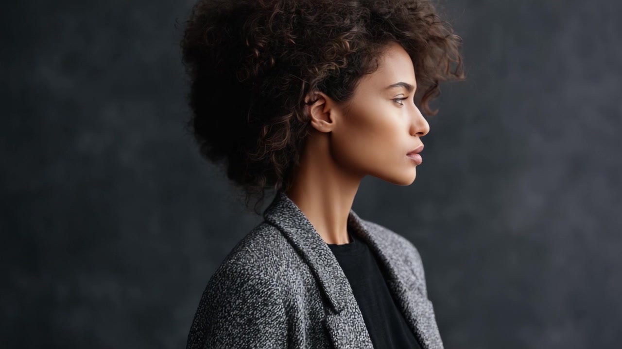 A Graceful Profile Portrait of a Woman with Curly Hair in a Stylish Blazer Showcasing Confidence and Poise Against a Dark Background