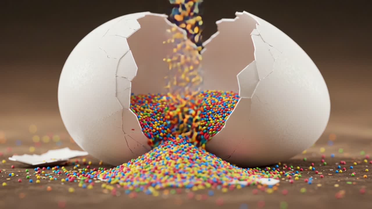 A Colorful Explosion: A Broken Egg Shell with Vibrant Sprinkles Spilling Out onto a Soft Background, Capturing the Essence of Fun and Festivity