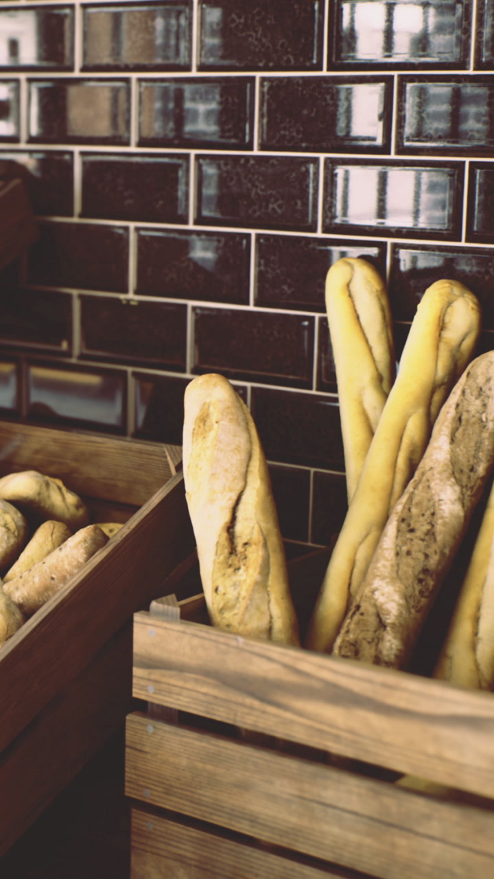 Fresh bread displayed in wooden baskets at a bakery during daytime