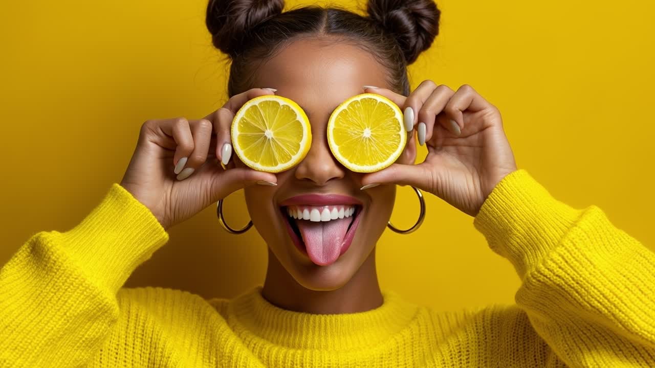 Donna allegra con maglione giallo che tiene fette di limone sugli occhi su sfondo luminoso
