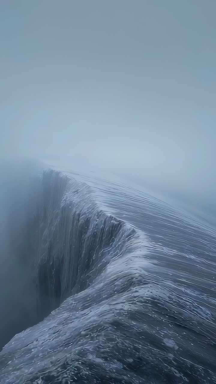 Vertical video: Gliding camera revealing crest flowing over deep drop at foggy sea to show depth
