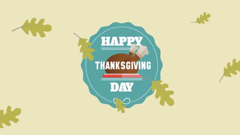 Animation-of-happy-thanksgiving-text-over-turkey-on-blue-circle-and-autumn-leaves-on-green