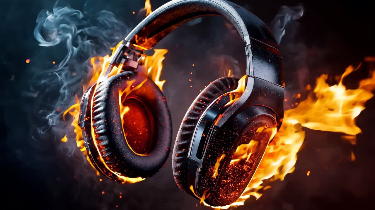 un par de auriculares en llamas con humo saliendo de ellos