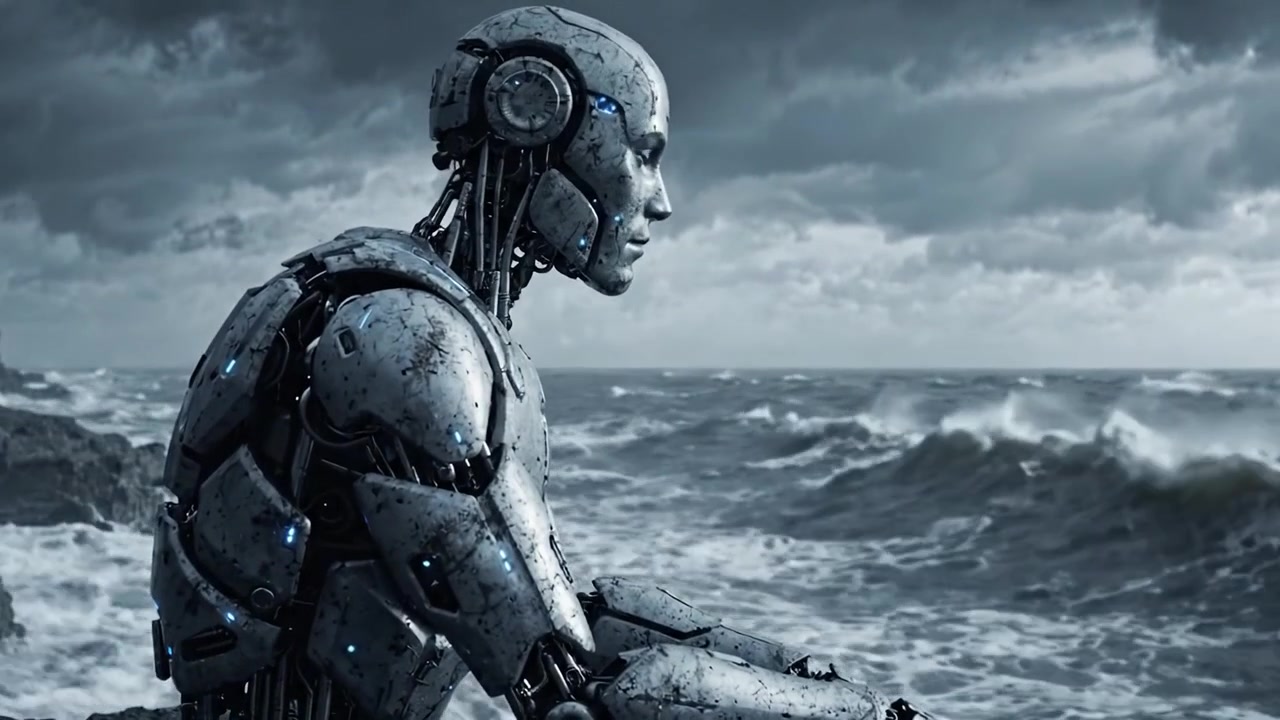 Un robot solitario se sienta en la costa rocosa, contemplando el vasto océano bajo un cielo tormentoso, reflejando temas de soledad y pensamiento existencial en un paisaje futurista