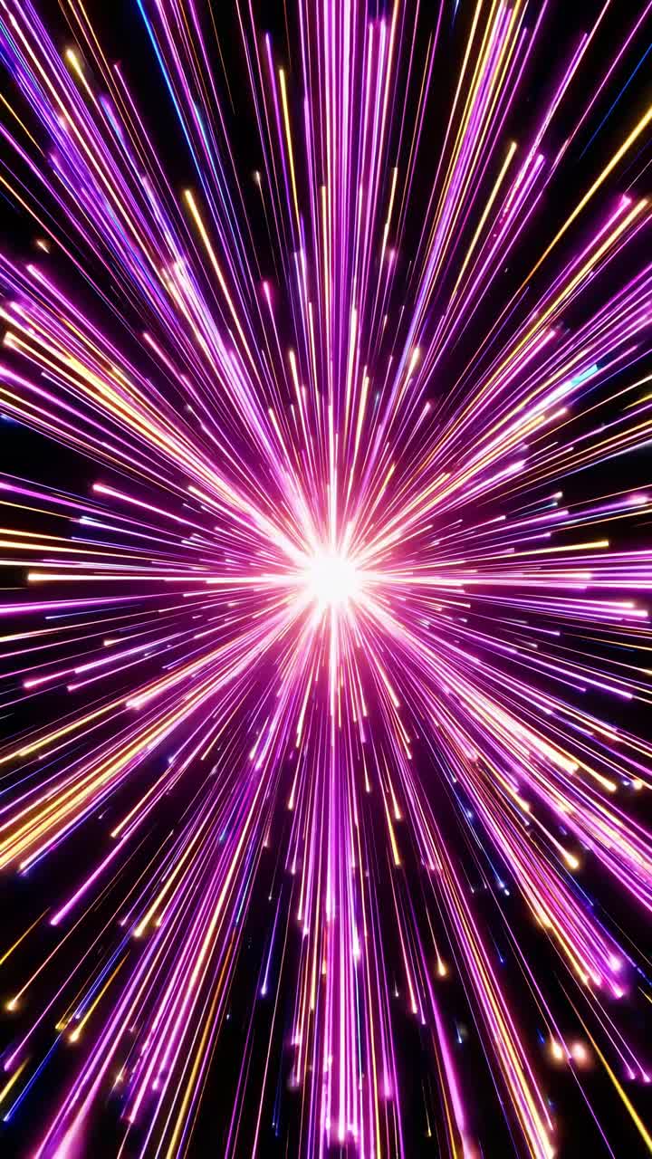 Dynamic video concept with a burst of blue and white light rays, captured from a central