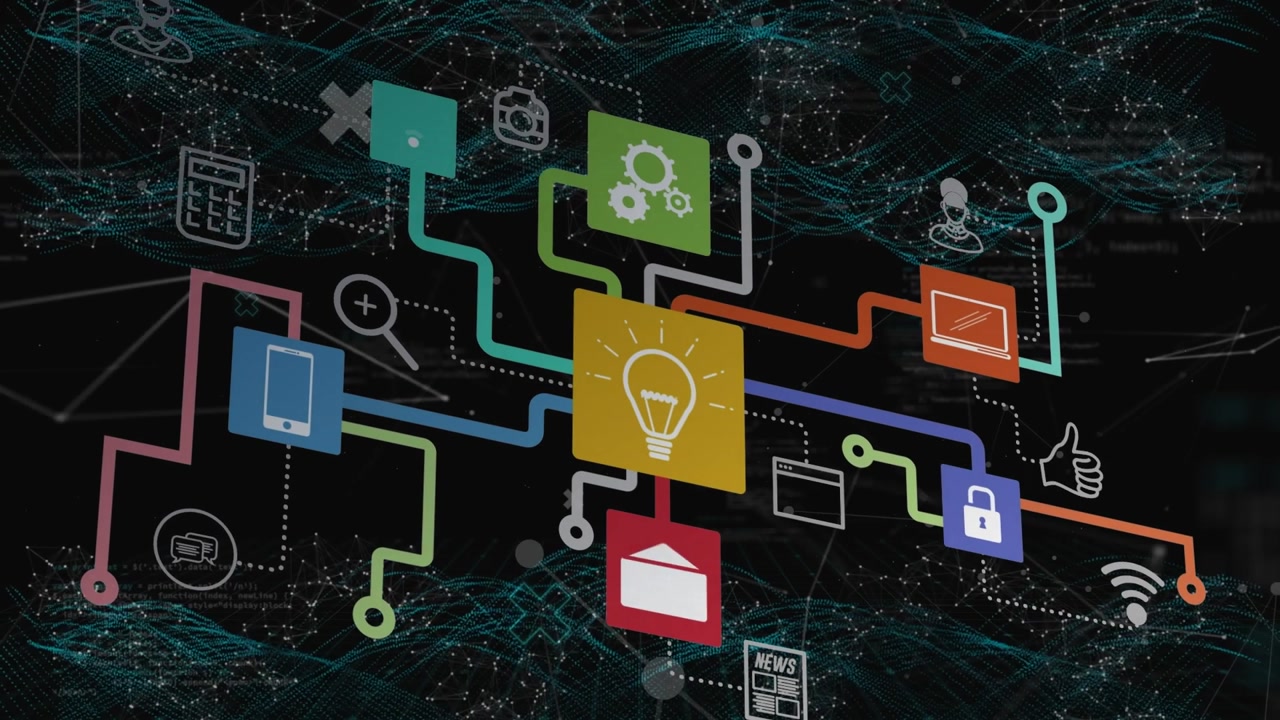 Animation of network of digital icons over green digital waves against black background