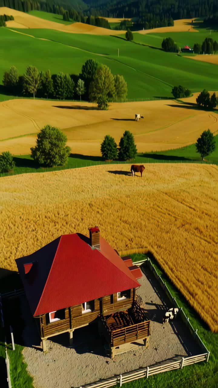 Alpine Farm Landscape with Red Roof House and Cows