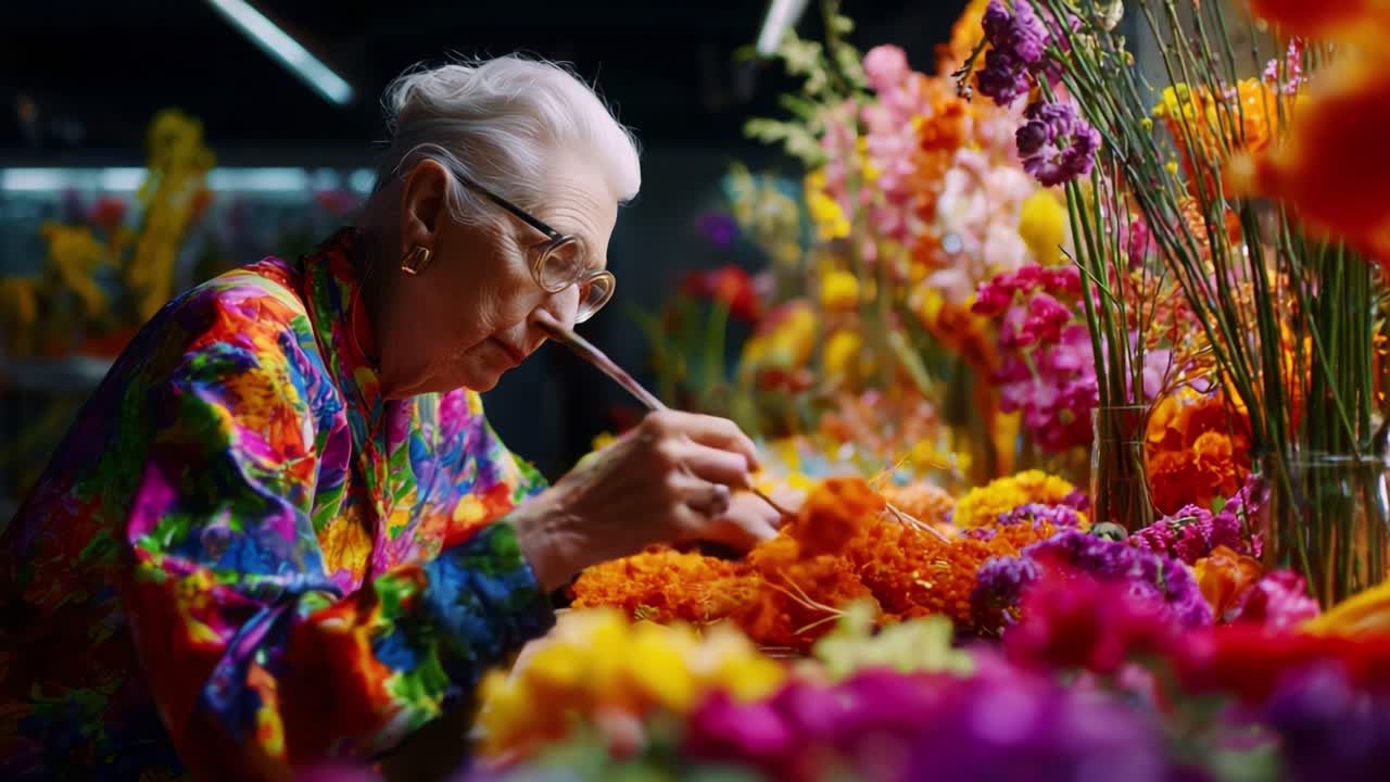 A Creative Blossoming: An Elderly Woman's Passionate Floral Crafting Journey Amidst a Vibrant Display of Colorful Flowers and Unique Arrangements in a Bright Studio