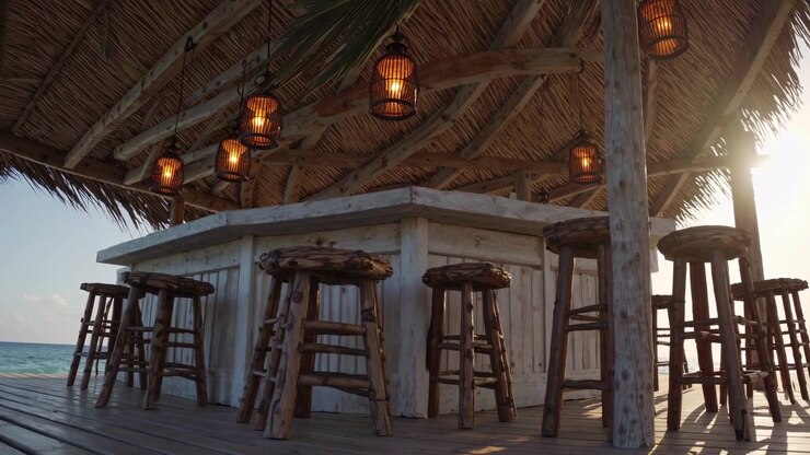 Empty Tropical Beach Bar at Sunset