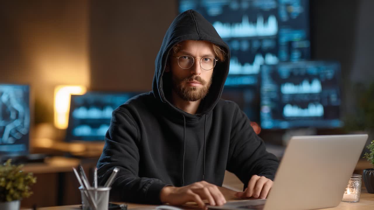 Focused individual in a dark hoodie working intently at a laptop surrounded by multiple glowing screens displaying data analytics and graphs, embodying dedication and concentration