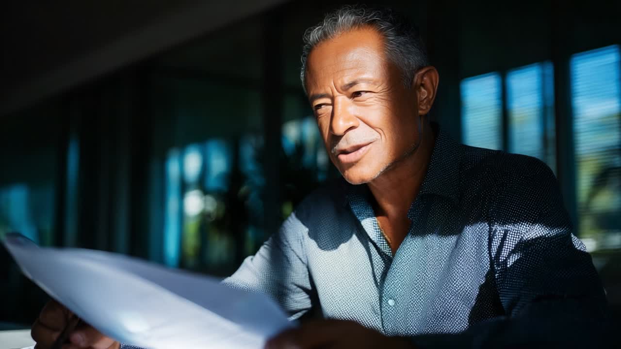 A Thoughtful Man Analyzing Documents in a Dimly Lit Space, Exuding Confidence and Reflection, While Bathed in Natural Light, With Focused Expression on His Face as He Engages with Important Papers