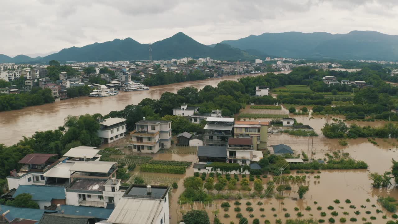 Water Damage to Buildings in Guilin, China, Heavy Rain Consequences, Drone View