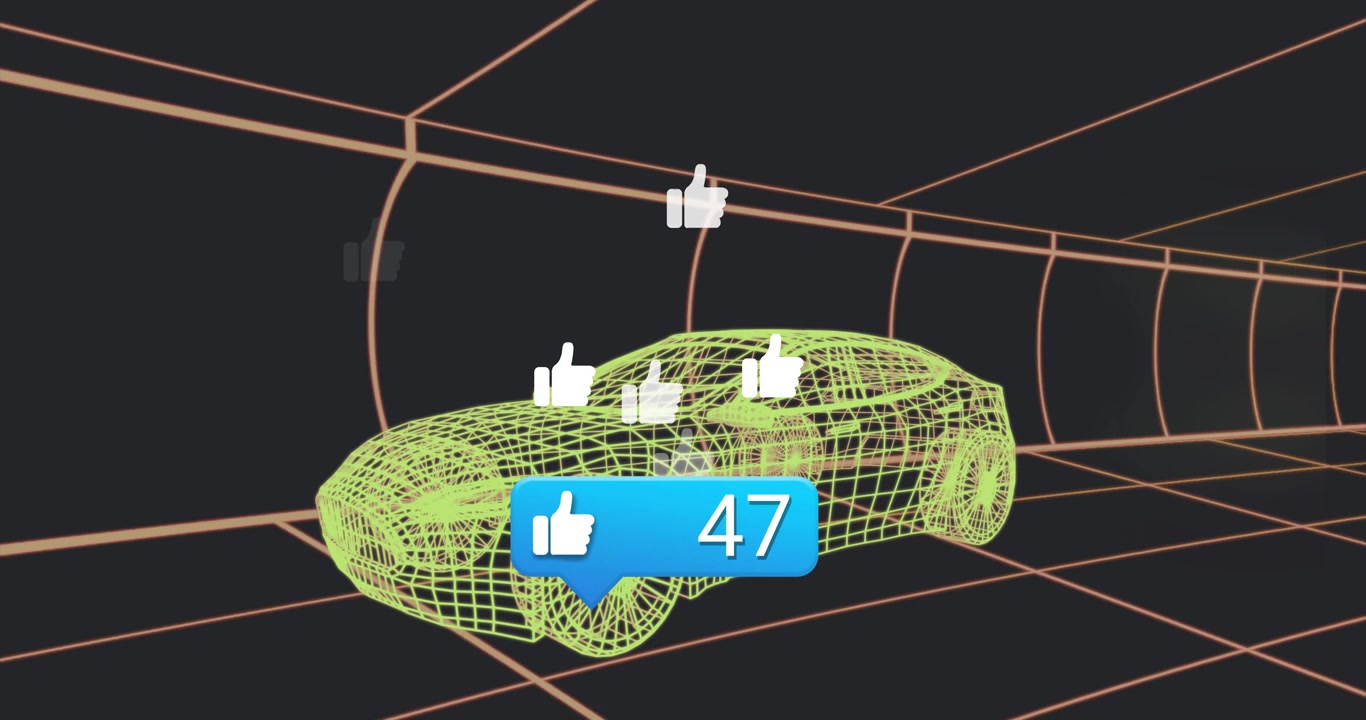 Auto wireframe al neon con un badge blu che appare vicino alla ruota, un contatore che sale e pollici in su che indicano crescita.