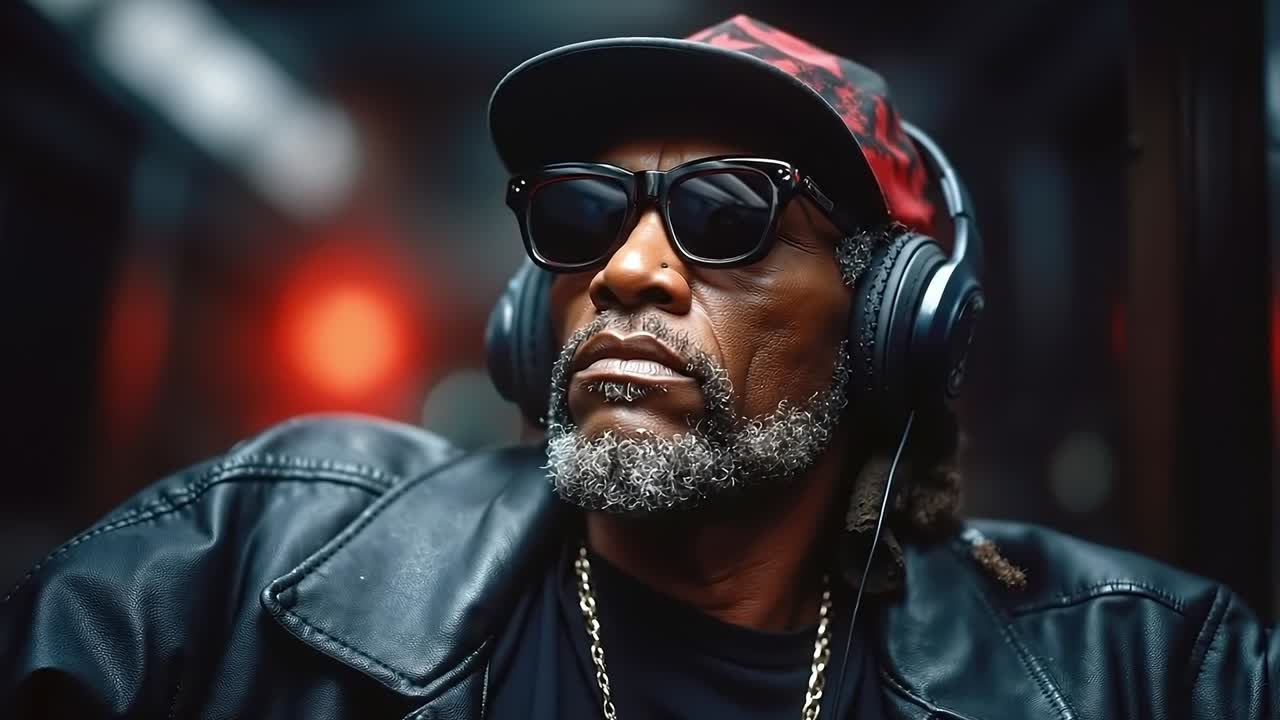 un hombre con un sombrero y gafas de sol con auriculares