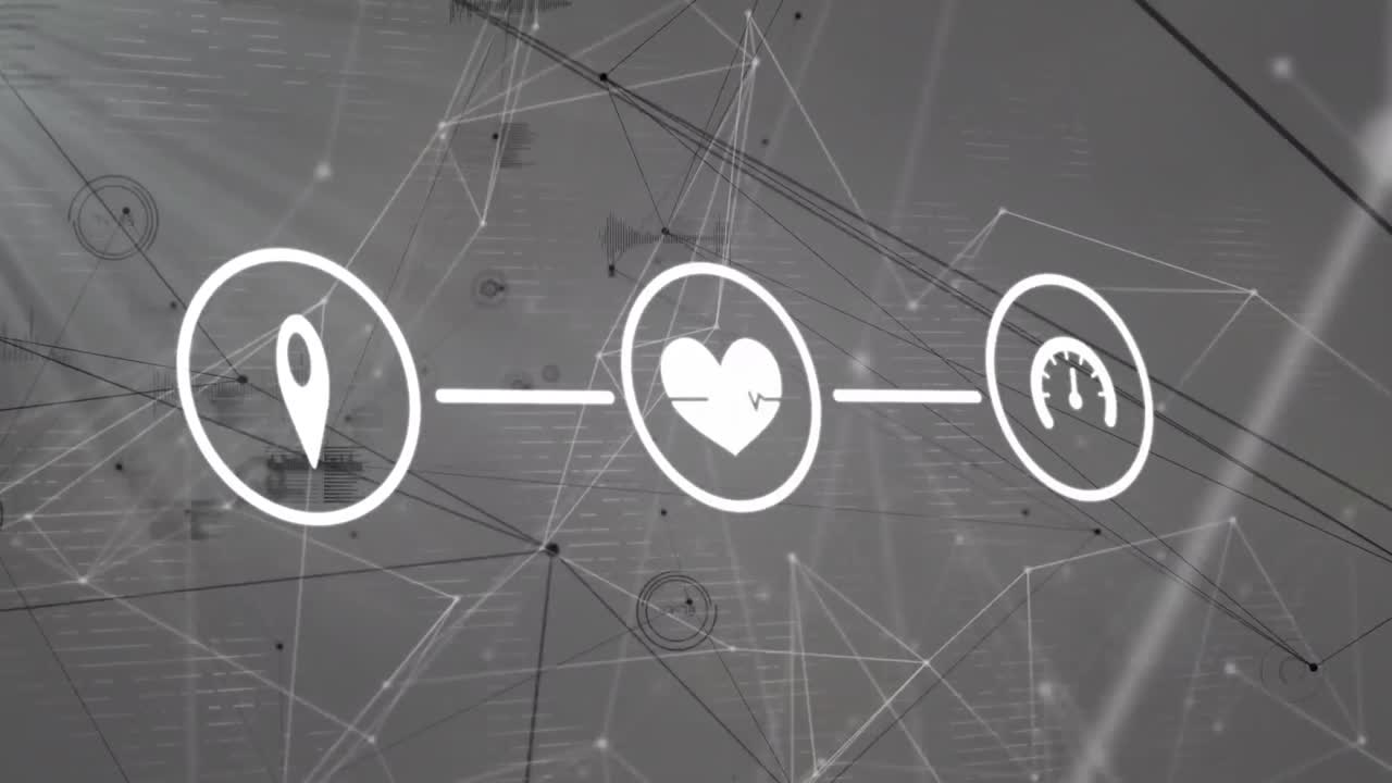 animación de la red de conexiones con iconos y procesamiento de datos sobre fondo blanco