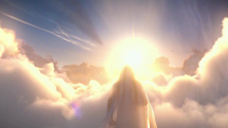 Person in White Cloak Floating Above Clouds Toward Bright Sun