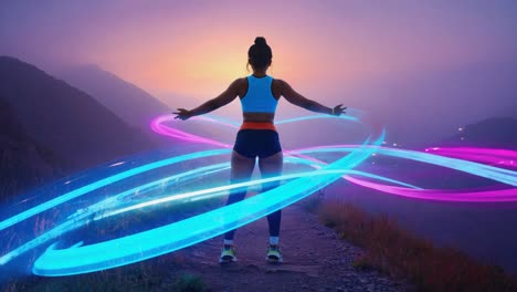 woman running on mountain trail with light trails