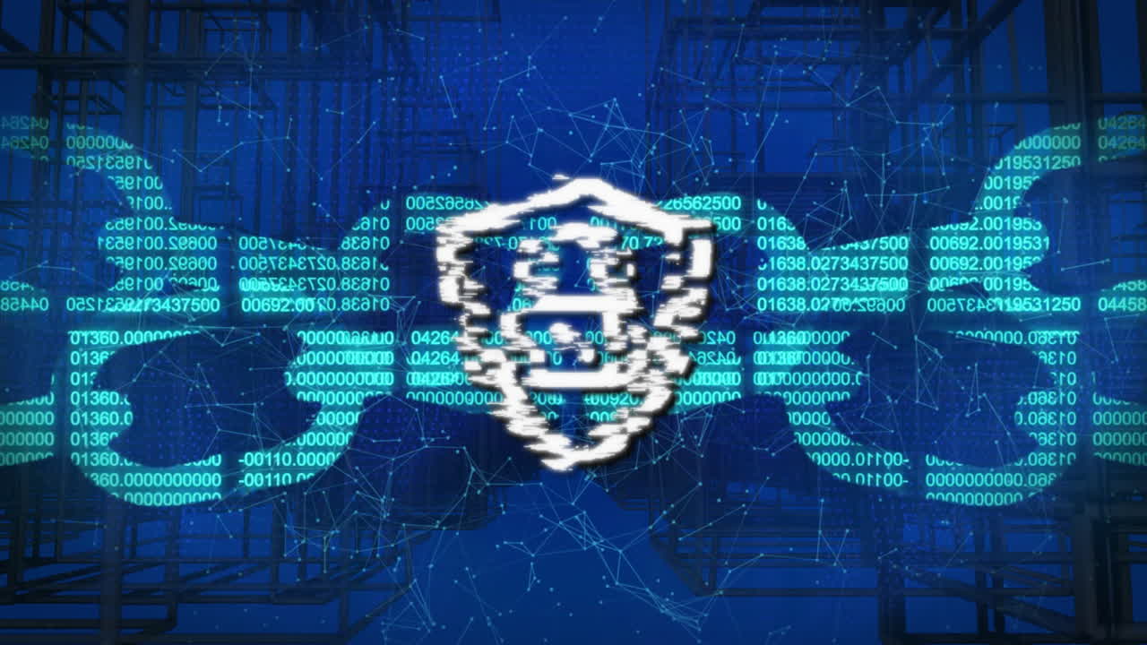 Animation of network of connections with padlock icon over block chain